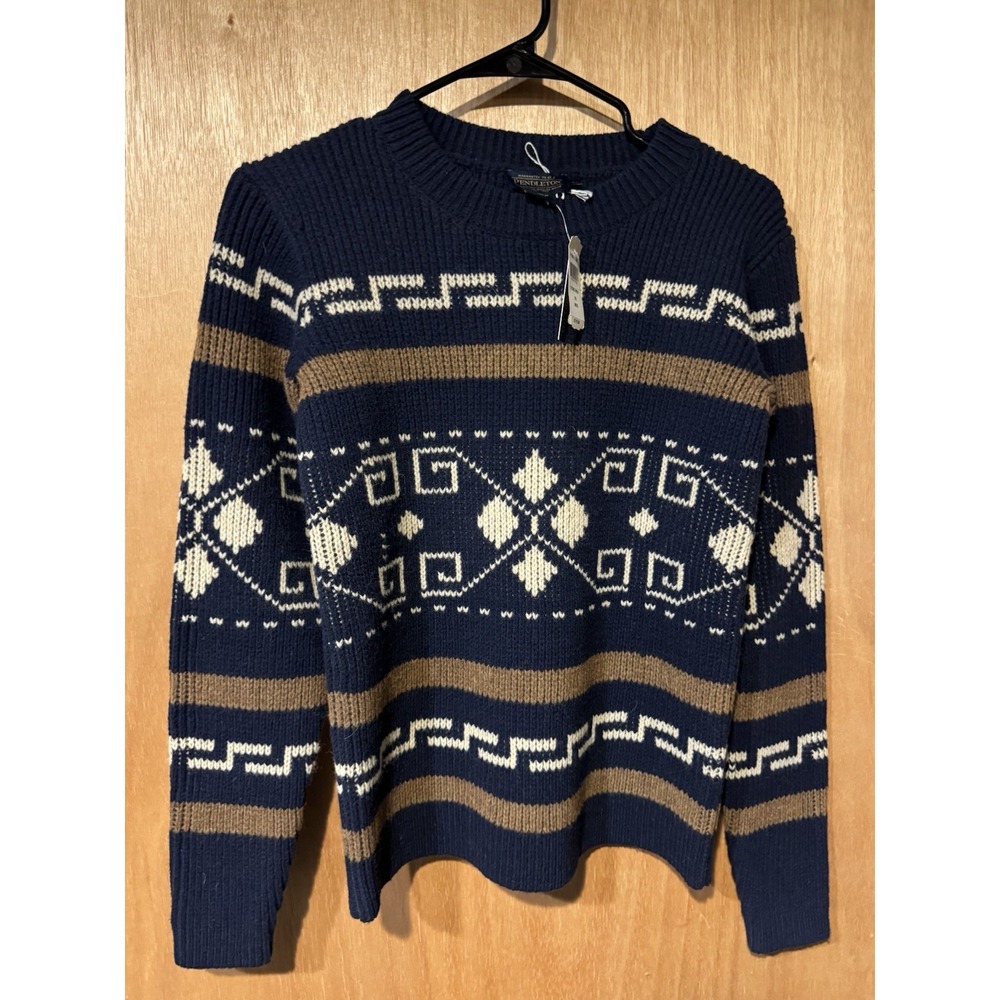 Pendleton NAVY/BROWN/CREAM WESTERLEY Pullover LAMBS WOOL Sweater NWT XS